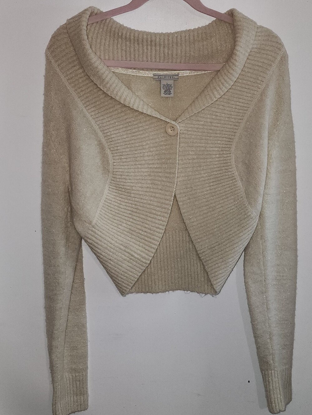 Y2K Maurices Cream Cropped Ribbed Shawl Collar Cardigan W/ Gold Shimmer NWT